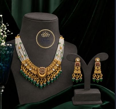 Divine Jewellery Multi Strand Pearl Necklace Set with Green Beads & Earrings for Women | 92.5 Silver Gold Plated Jewellery