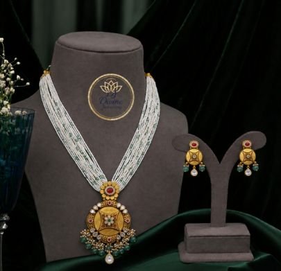 Divine Jewellery Multi-Strand Pearl Statement Pendant Necklace Set with Earrings (92.5 Silver Gold Plated)