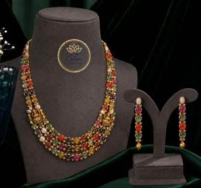 Divine Jewellery Multicolor Navratna Long Necklace Set with Earrings | 92.5 Silver Gold Plated Traditional Heritage Jewellery
