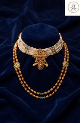 Divine Jewellery Navratna Inspired Multi-Layer Pearl Choker with Antique Temple Pendant in 92.5 Silver with Gold Plating