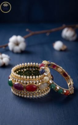 Divine Jewellery Navratna Kundan Designer Kada  Bangles with Pearl Fringe