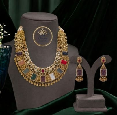 Divine Jewellery Navratna Kundan Bridal Necklace Set for Women | Gold Plated Silver Base Statement Wedding Jewellery