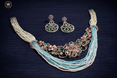 Divine Jewellery Pastel Floral Multi-Strand Pearl Necklace Set with Emerald and Pink Stone Design