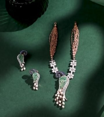 Divine Jewellery Peacock Feather Designer Necklace Set with Floral Crystal Chain and Pearl Drops
