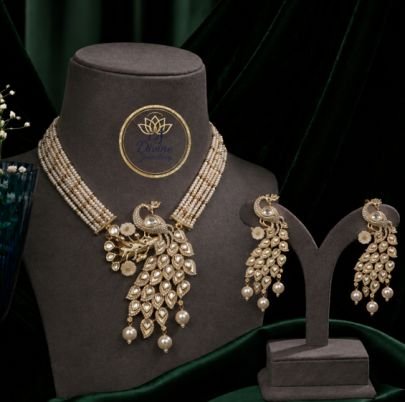 Divine Jewellery Peacock Pearl Kundan Choker Necklace Set with Earrings | Gold Plated 92.5 Silver Bridal Jewellery