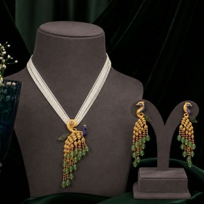 Divine Jewellery Peacock Pendant Multi-Strand Pearl Necklace Set with Green Bead Tassels & Matching Earrings