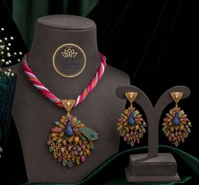Divine Jewellery Peacock Pendant Necklace Set for Women & Girls, Multicolor Crystal Beaded Statement Jewelry with Matching Earrings, Traditional Party