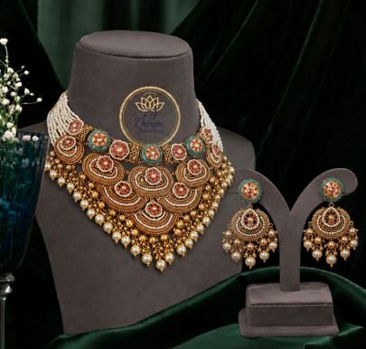 Divine Jewellery Pearl Antique Choker Necklace Set with Earrings for Women | 92.5 Silver Gold Plated Bridal Jewellery
