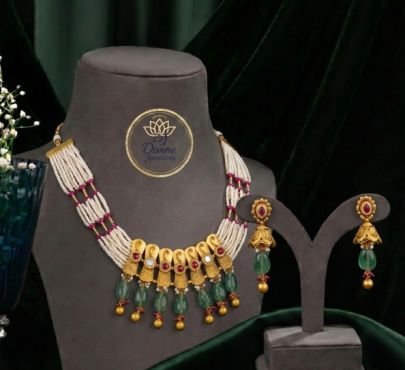 Divine Jewellery Pearl Beaded Antique Necklace Set with Earrings for Women | 92.5 Silver Gold Plated Ethnic Jewellery