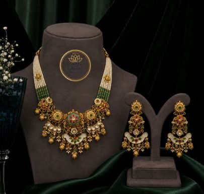 Divine Jewellery Pearl Beaded Gold Plated 92.5 Silver Bridal Necklace Set with Designer Earrings