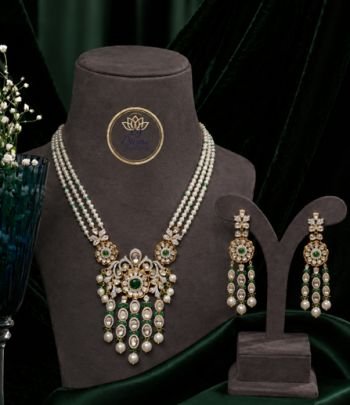 Divine Jewellery Pearl & Emerald Bridal Necklace Set for Women | Gold Plated Silver Kundan Jewellery with Earrings