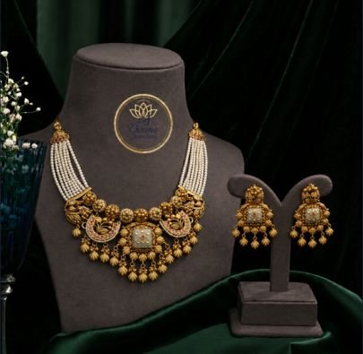 Divine Jewellery Pearl Layered Antique Gold Necklace Set with Statement Earrings | Traditional Ethnic Jewellery