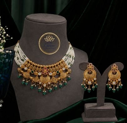 Divine Jewellery Pearl Layered Antique Gold-Plated 92.5 Silver Designer Necklace Set with Earrings