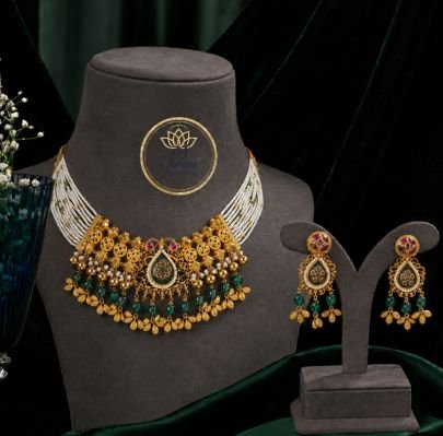 Divine Jewellery Pearl Layered Meenakari Gold-Plated 92.5 Silver Bridal Choker Necklace Set