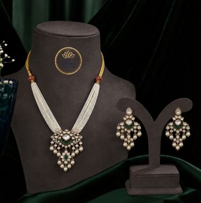 Divine Jewellery Pearl Mala Kundan Pendant Necklace Set with Emerald Green Stones & Matching Earrings | 92.5 Silver Base Gold Plated Jewellery