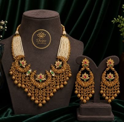 Divine Jewellery Pearl Multi-Strand Antique Necklace Set with Chandbali Earrings | Gold Plated 92.5 Silver Bridal Jewellery