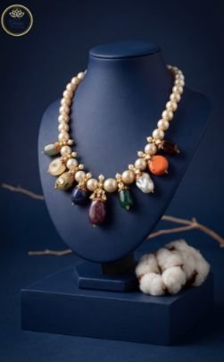 Divine Jewellery Pearl Necklace with Multicolor Gemstone Drops and Kundan Accents