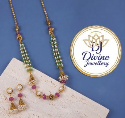 Divine Jewellery Pearl & Ruby Beaded Long Mala Set with Earrings | 92.5 Silver Gold Plated