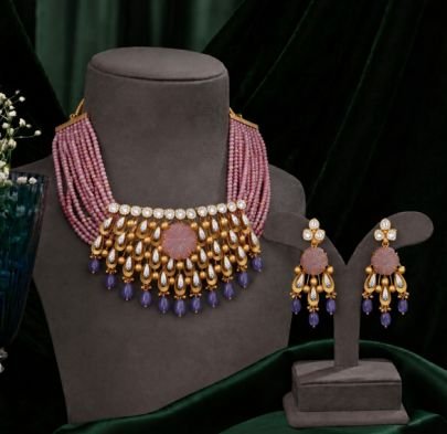 Divine Jewellery Pink Beaded Gold-Plated 92.5 Silver Choker Necklace Set with Designer Earrings