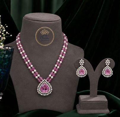 Divine Jewellery Pink Crystal & Pearl Double Layer Necklace Set with American Diamond Pendant and Matching Earrings