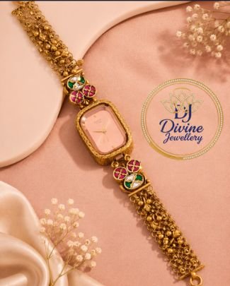 Divine Jewellery Pink Dial Antique Gold Plated Watch Bracelet for Women