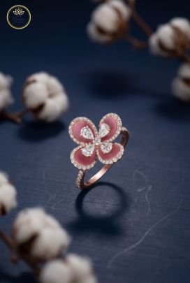 Divine Jewellery Pink Enamel Floral Crystal Designer Ring