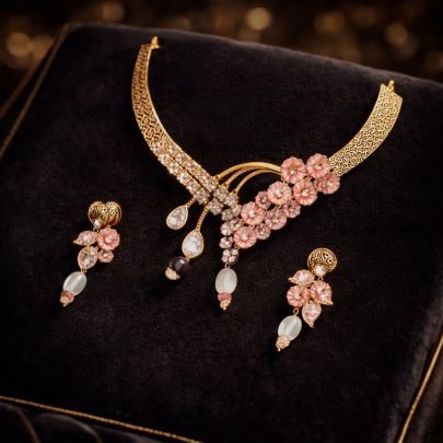 Divine Jewellery Pink Floral Designer Necklace Set with Crystal Drops and Elegant Earrings