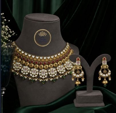 Divine Jewellery Polki Kundan Choker Necklace Set with Earrings for Women | Gold Plated Silver Base Bridal Jewellery