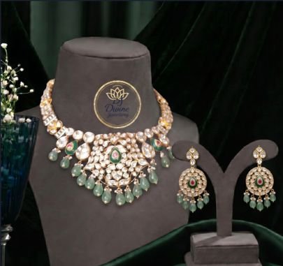 Divine Jewellery Polki Kundan Choker Necklace Set with Green Bead Drops & Matching Earrings