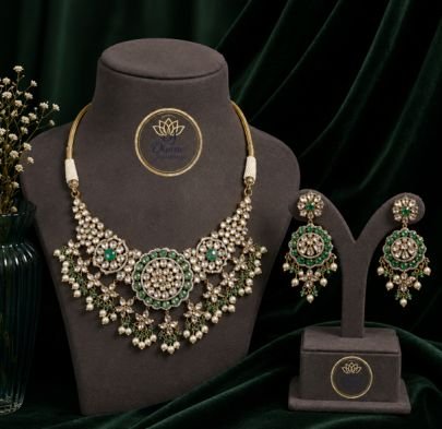 Divine Jewellery Premium Green Kundan Pearl Necklace Set for Women | Designer Bridal Ethnic Jewellery with Earrings | Gold Plated Silver Base Set