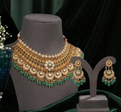Divine Jewellery Premium Kundan Style 92.5 Silver Gold Plated Choker Necklace Set with Green Beads and Matching Earrings