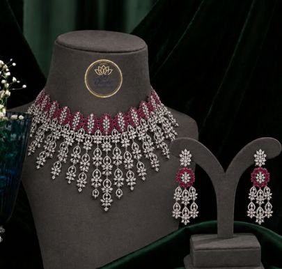 Divine Jewellery Premium Ruby Bridal Choker Set in 92.5 Silver with American Diamond Detailing
