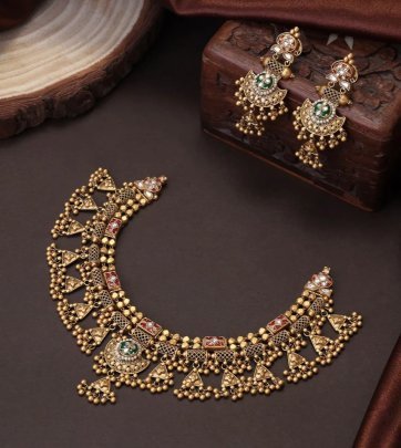 Divine Jewellery Rajeshwari Antique Temple Triangle Drop Choker Set