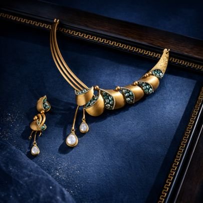 Divine Jewellery Rajvaadi Mayura Matte Gold Collar Necklace Set with Emerald Green Stone Inlay & Crystal Drop Earrings