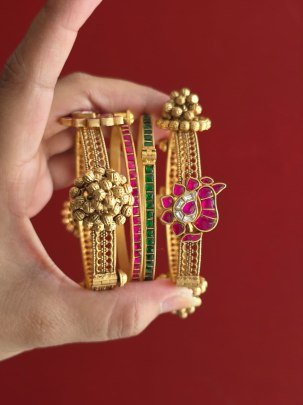 Divine Jewellery Rajwadi Lotus Temple Gold Plated Kada Bangle Set