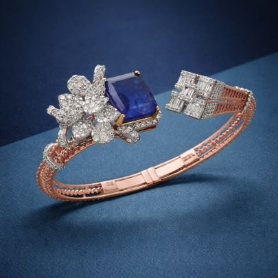 Divine Jewellery Regal Azure Rose Gold Open Cuff Bracelet with Royal Blue Center Stone & Diamond Floral Cluster