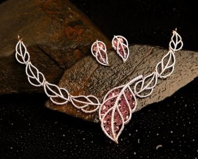 Divine Jewellery Rose Crystal Leaf Designer Necklace Set with Matching Earrings and Ring