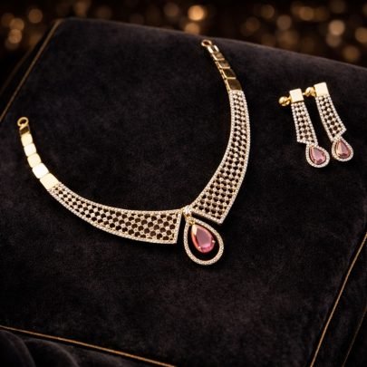 Divine Jewellery Rose Drop Crystal Collar Necklace Set with Elegant Designer Earrings