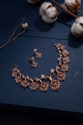 Divine Jewellery Rose Gold Blossom Vine Necklace Set with Snowflake Crystal Clusters
