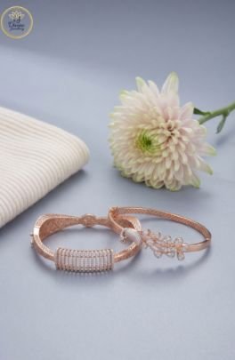 Divine Jewellery Rose Gold Designer Bangle Pair with Micro-Stone and Leaf Drop Motif