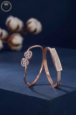Divine Jewellery Rose Gold Designer Bangle Pair with Leaf Motif and Micro-Stone Panel