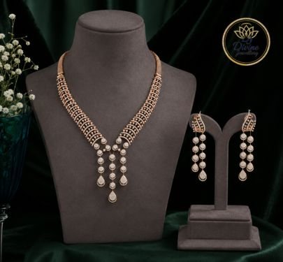 Divine Jewellery Rose Gold Diamond Look Necklace Set for Women | Elegant Silver Designer Party Wear Jewellery Set
