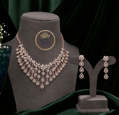 Divine Jewellery Rose Gold Diamond Necklace Set with Drop Earrings | Luxury CZ Bridal Jewellery in 92.5 Silver