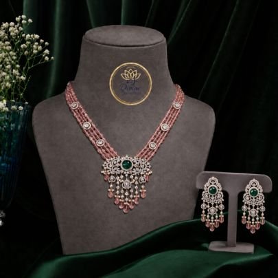 Divine Jewellery Rose Gold Emerald Stone Necklace Set with Earrings (92.5 Silver Rose Gold Plated)