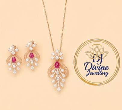 Divine Jewellery Rose Gold Pink Stone Pendant Set for Women | 92.5 Silver CZ Diamond Necklace with Earrings