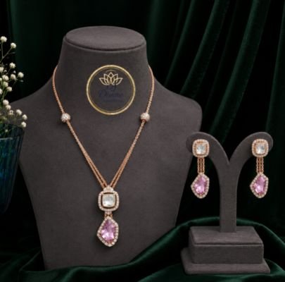 Divine Jewellery Rose Gold Pink Crystal Pendant Necklace Set for Women, American Diamond Pendant with Matching Drop Earrings, Party Wear Wedding Jewel