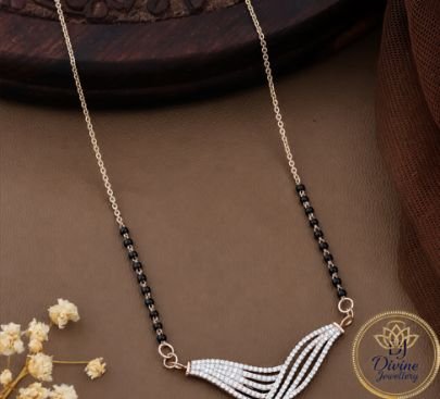 Divine Jewellery Rose Gold Plated American Diamond Mangalsutra for Women | Elegant Wave Design Black Bead Necklace