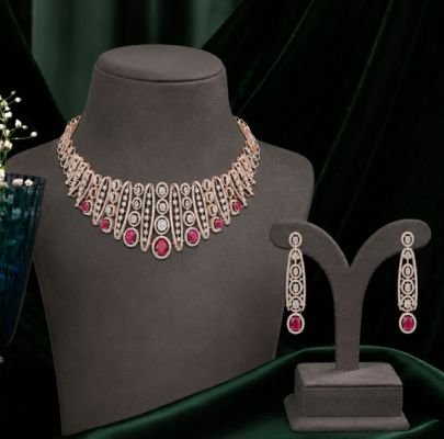Divine Jewellery Rose Gold Plated Ruby Stone Necklace Set with Earrings | 92.5 Silver CZ Bridal Necklace