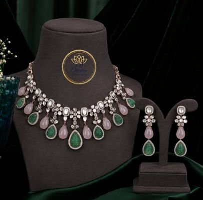 Divine Jewellery Rose Gold Plated Kundan Necklace Set with Green & Pink Teardrop Stones | 92.5 Silver Base Luxury Bridal Designer Jewellery for Women