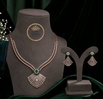 Divine Jewellery Rose Gold Plated American Diamond Necklace Set for Women & Girls with Green Stone Pendant and Matching Earrings, Elegant Party Wear J